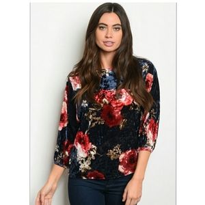 Ginger G Crushed Velvet Navy Floral Cropped Blouse Top